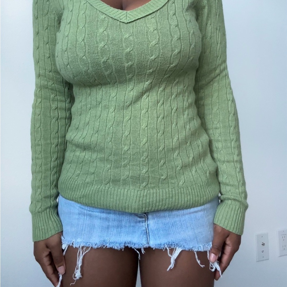 LOFT Light Green Cable Knit V-Neck Sweater